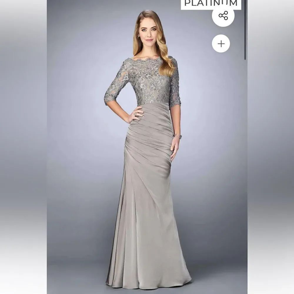 La Femme Elbow Sleeve Floral Lace with Ruching Gown 24926 in Platinum 4, NWT